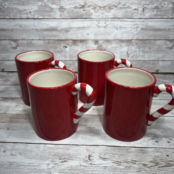 VINTAGE FITZ & FLOYD 4- CERAMIC SANTA RED CANDY CANE MUG Christmas Holiday - Picture 2 of 5